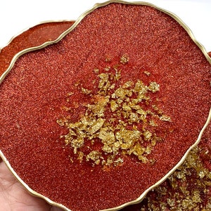 Red Sparkle Resin Coasters with Gold Leaf - Set of 4