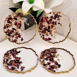 Dried Red Rose Petal Resin Coaster: Gold Leaf Accent