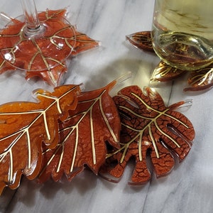 Resin Art Fall leaves 5-piece coasters set for festive weather, home decor, kitchen accent, gifting idea, social gatherings and events