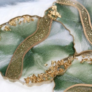 Emerald Green Resin Coaster Set: Gold Flakes, Handmade Geode Style