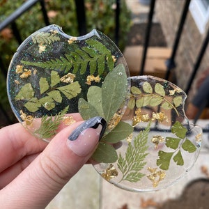 Pressed Leaf Car Coasters, Set of 2, Floral Car Coasters, Car Coasters, Green Car Coasters, Flower Car Coasters, Flower Car Decor, Green