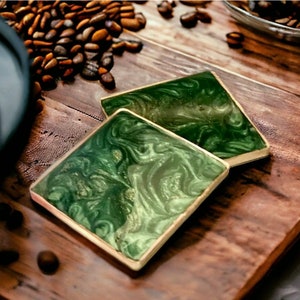 Christmas Gift, Green Resin Coasters, Coffee Coasters, Drink Coasters, Luxury Green Resin Coasters w/Gold Trim, Handmade Gift