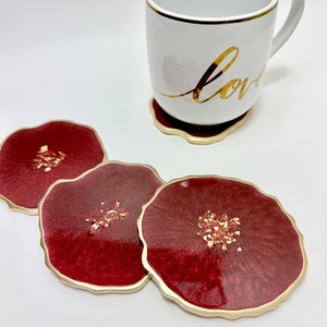 Resin coaster set- geode agate berry  burgundy maroon  coasters w gold accents - great housewarming, teacher, realtor gift