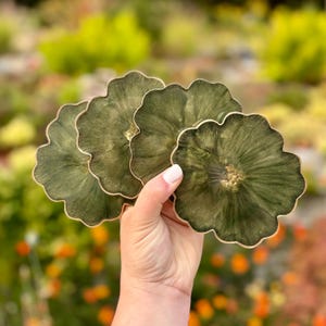 Olive green flower coasters, handmade epoxy resin coasters with gold accents and non-slip bumpers, floral coaster set in dark green shades