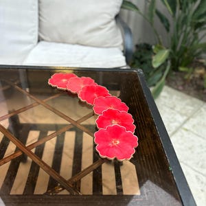 Bright red flower coasters, handmade epoxy resin coasters with gold accents, resin coaster set, gifts for home with customized options
