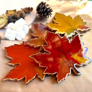 Fall Autumn Maple Leaves Collection - Gold Accented Maple Leaf Handmade Resin Coasters Set