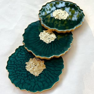 Handmade Emerald Green Resin Coaster Set with Gold Leaf