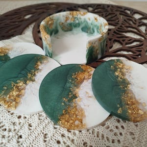 Resin coaster set with holder, Resinart, Handmade epoxy coaster, Housewarming gift, Green and gold coaster set, Gold accent coaster set