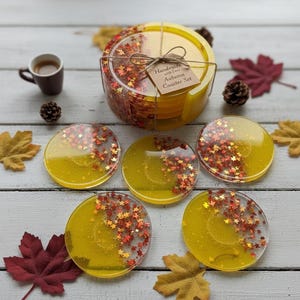 Handmade Resin Maple Leaf Coasters Set: Autumn Decor with Holder