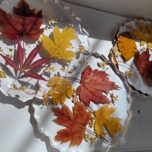 Fall Resin Coaster Set Handmade Autumn Leaves & Acorns (Set of 4) Stocking Stuffer