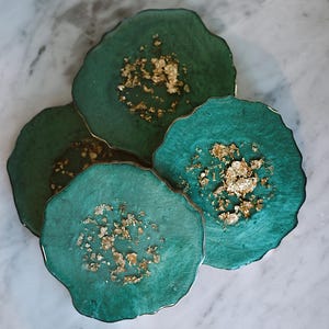 Handmade Geode Resin Coaster: Forest Green & Gold Leaf