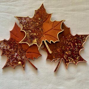 2 Fall Autumn Maple Leaf Coasters Resin with Rose Petals and Gold or Copper Metallic Leaf Accents Elegant Housewarming Wedding Decor Gift