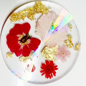 Clear Drink Coaster with Real Red and Pink Flowers and Gold Leaf